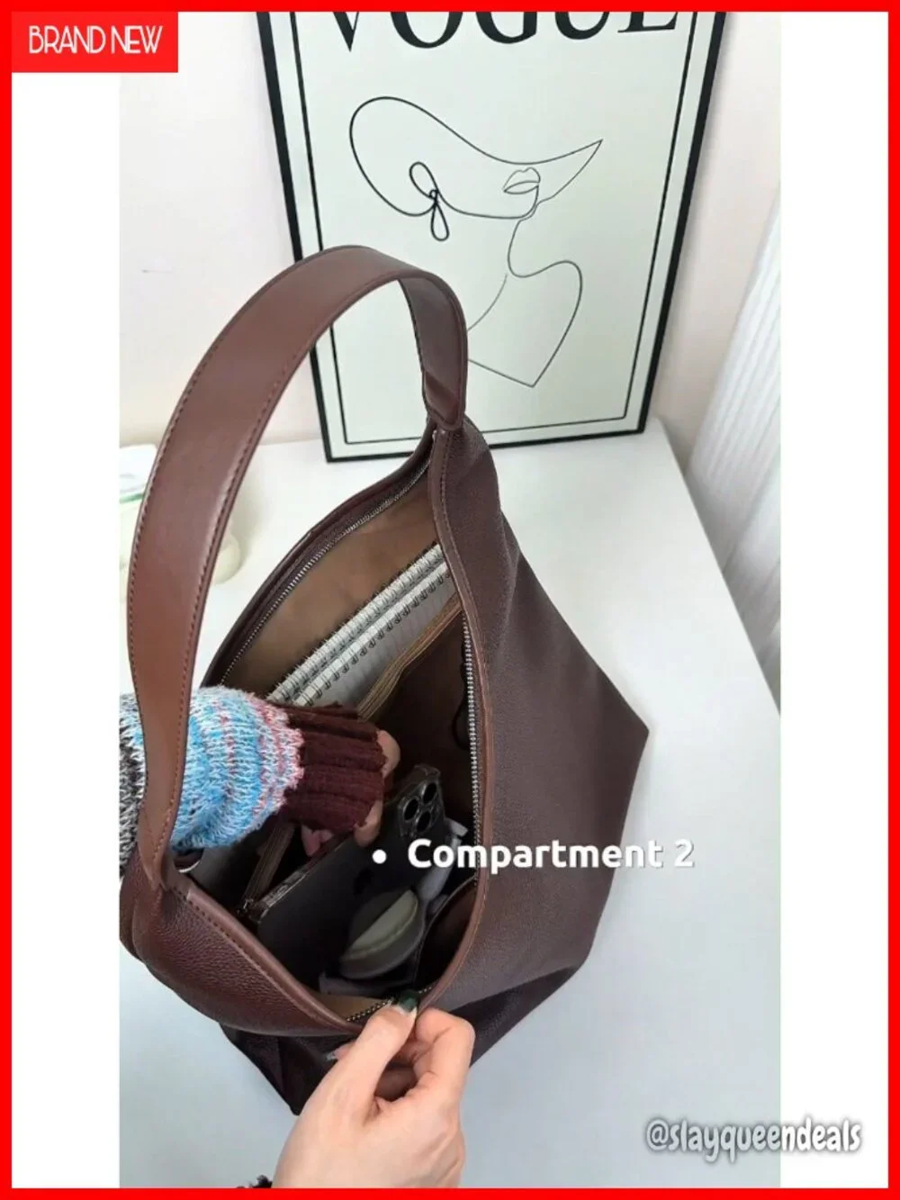 Large Hobo Bag for Women, Soft Vegan Leather Shoulder Tote with Zipper, Fits